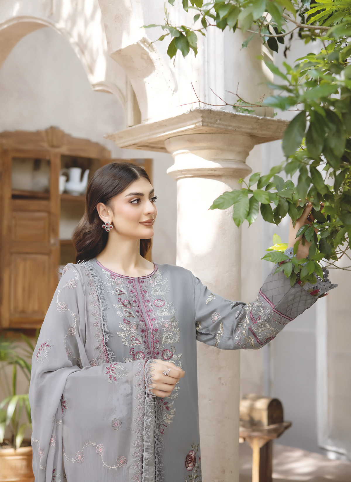 Luxury Embroidered Silk Viscose Suit with Bamber Chiffon Dupatta