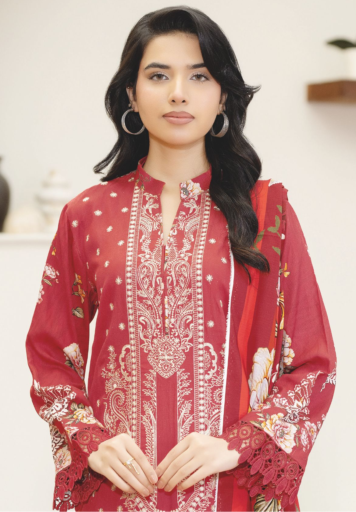 Premium Staple Slub Embroidered 3-Piece Suit with Printed Shawal – Women’s Collection