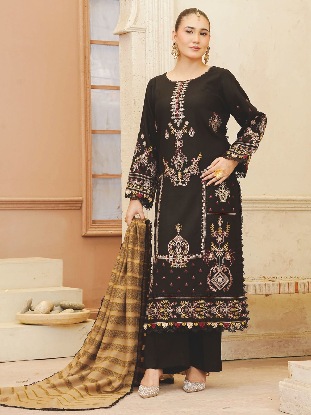 Premium Embroidered Winter Suit with Jacquard Luxury Shawl