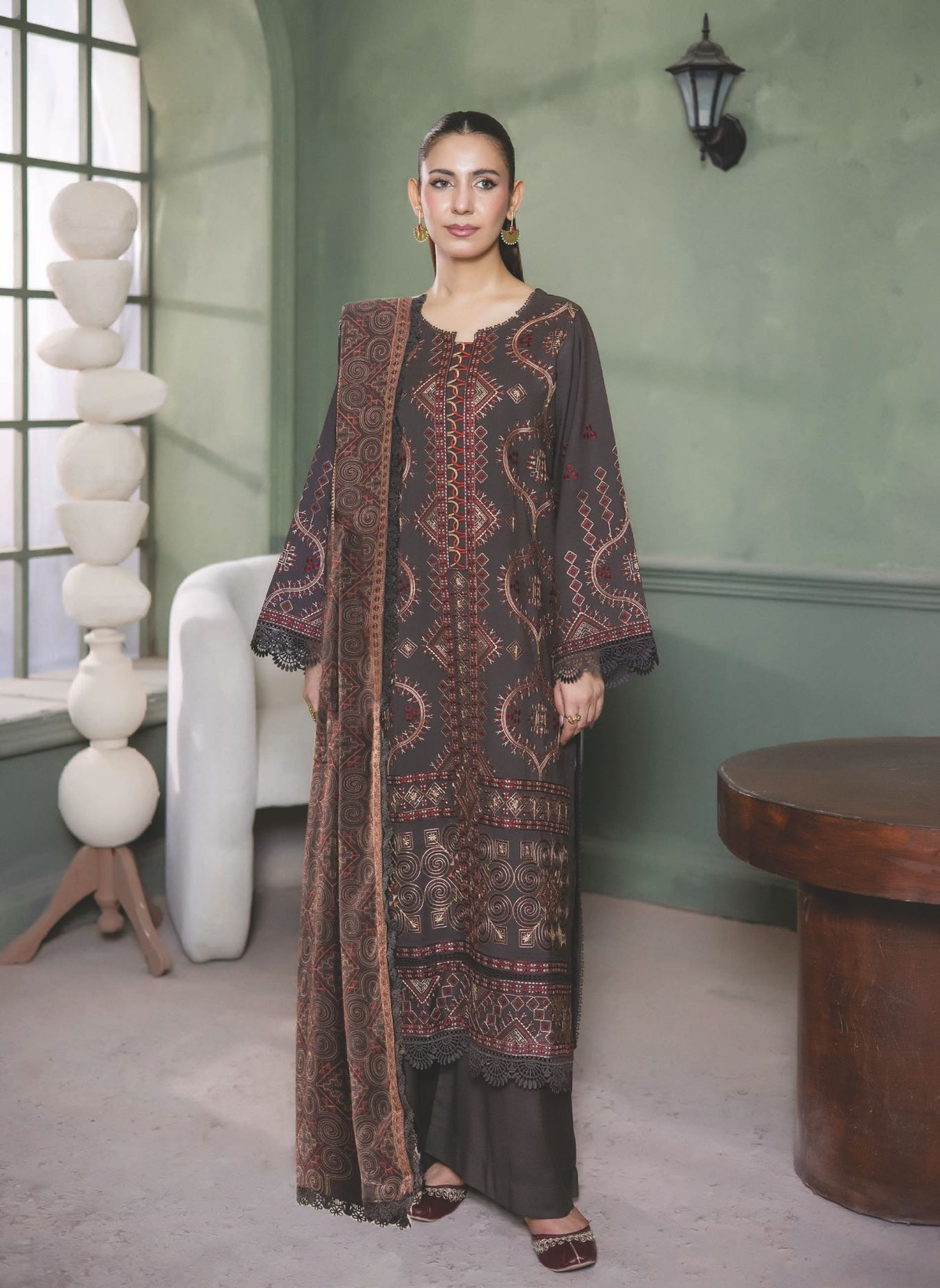Embroidered Winter Suit with Embroidered Shawl