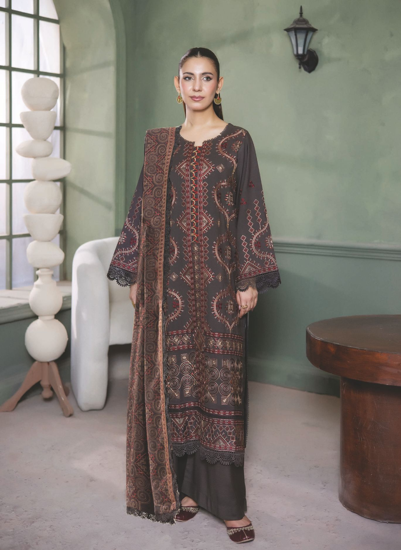 Embroidered Winter Suit with Embroidered Shawl