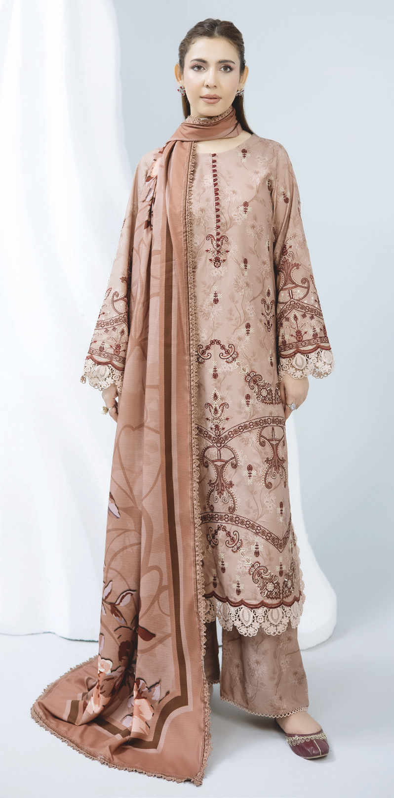 Embroidered Staple Slub Outfit with Elegant Printed Shawl and Trousers