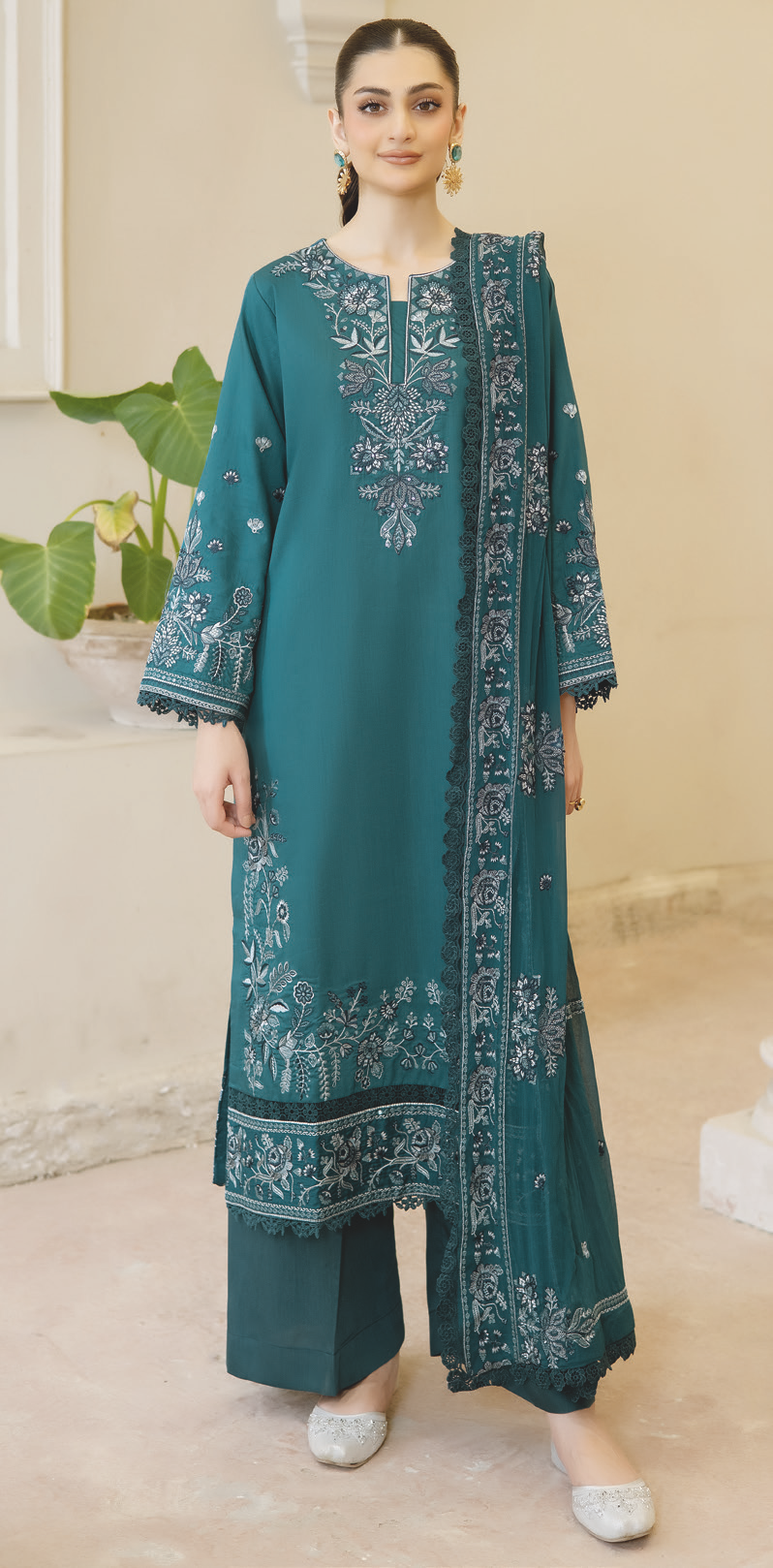 Premium Silk Viscose Embroidered Suit with Bamber Chiffon Dupatta