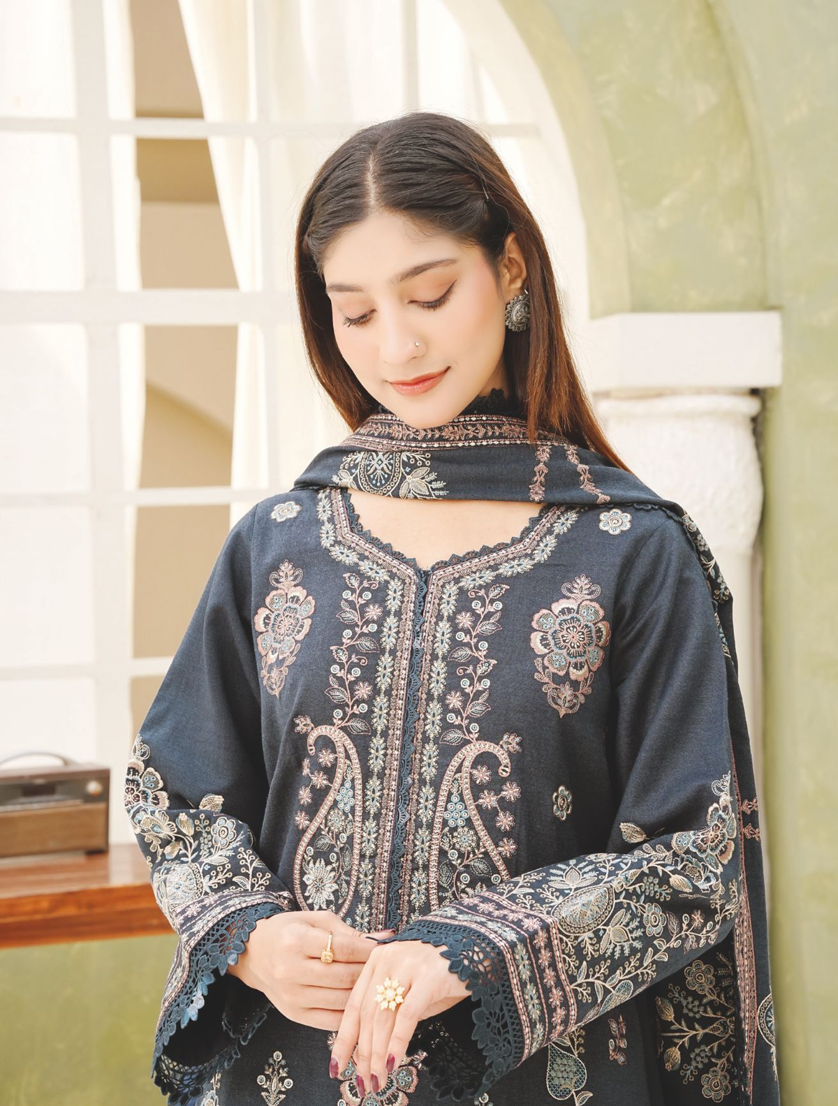 Exclusive Peach Leather Winter Suit with Embroidered Wool Shawl