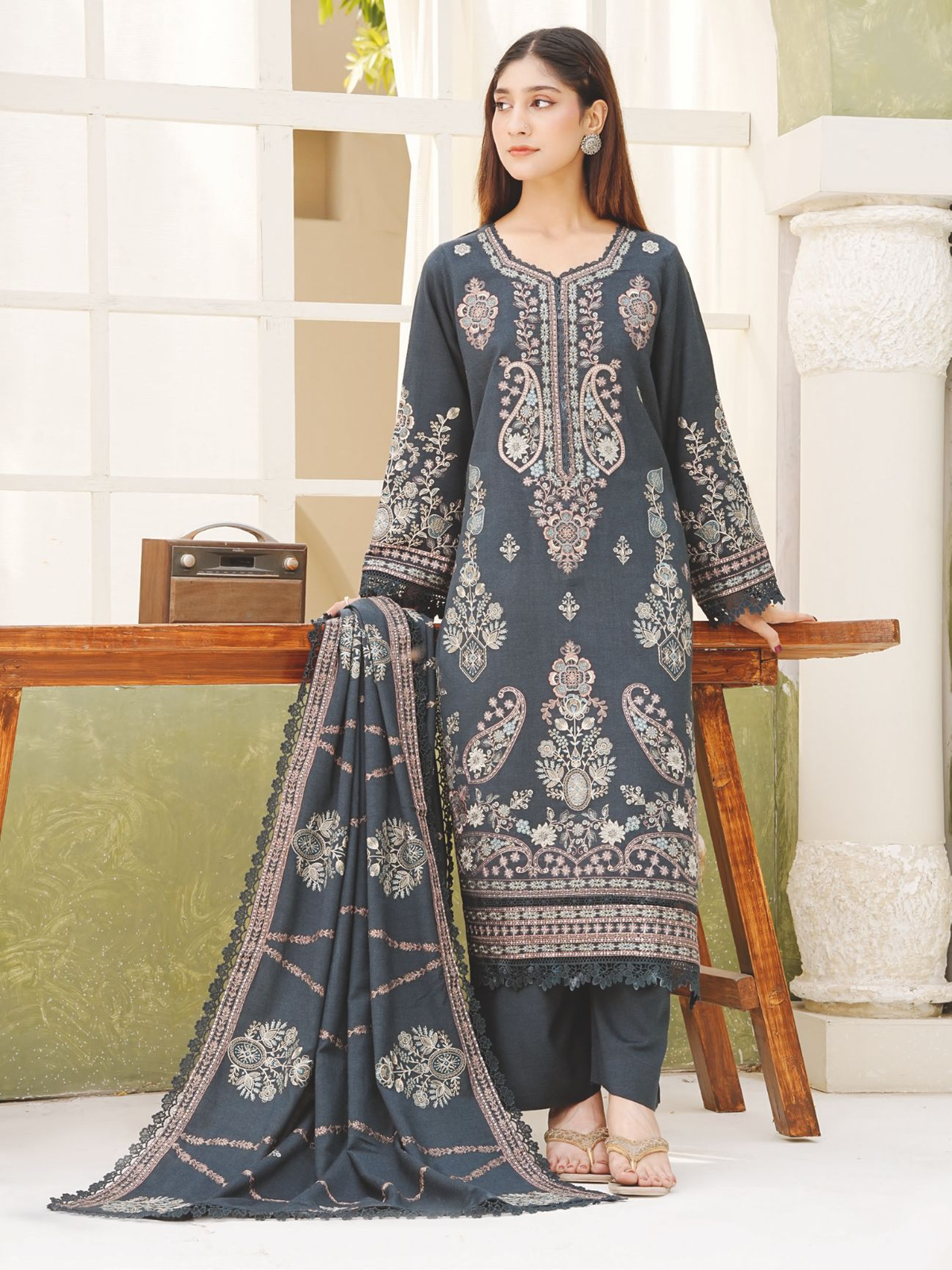 Exclusive Peach Leather Winter Suit with Embroidered Wool Shawl