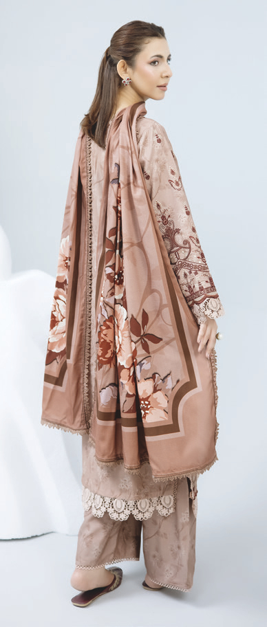 Embroidered Staple Slub Outfit with Elegant Printed Shawl and Trousers