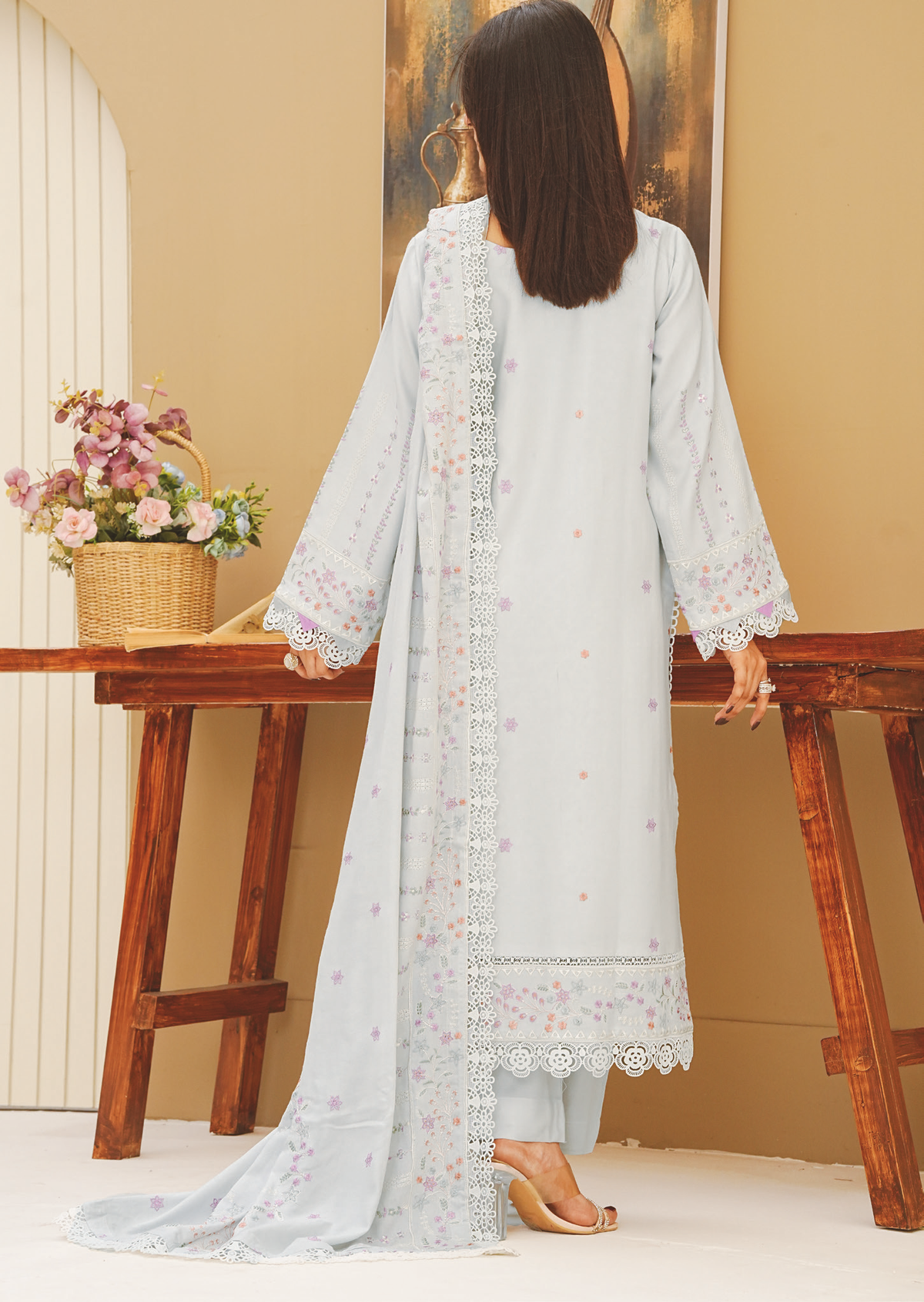 Premium Embroidered Peach Leather 3-Piece Suit with Wool Shawl