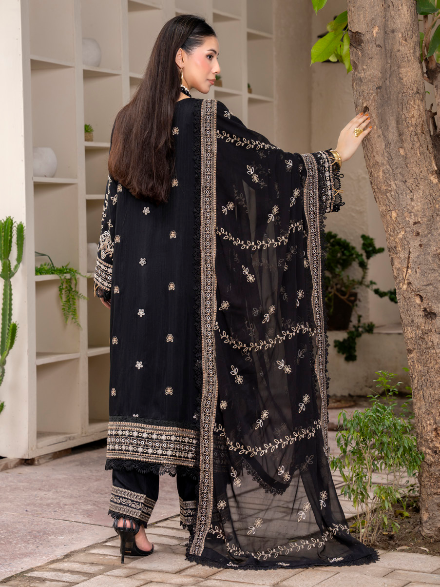 Black Embroidered Silk Viscose 3 Piece Suit with Bamber Chiffon Dupatta