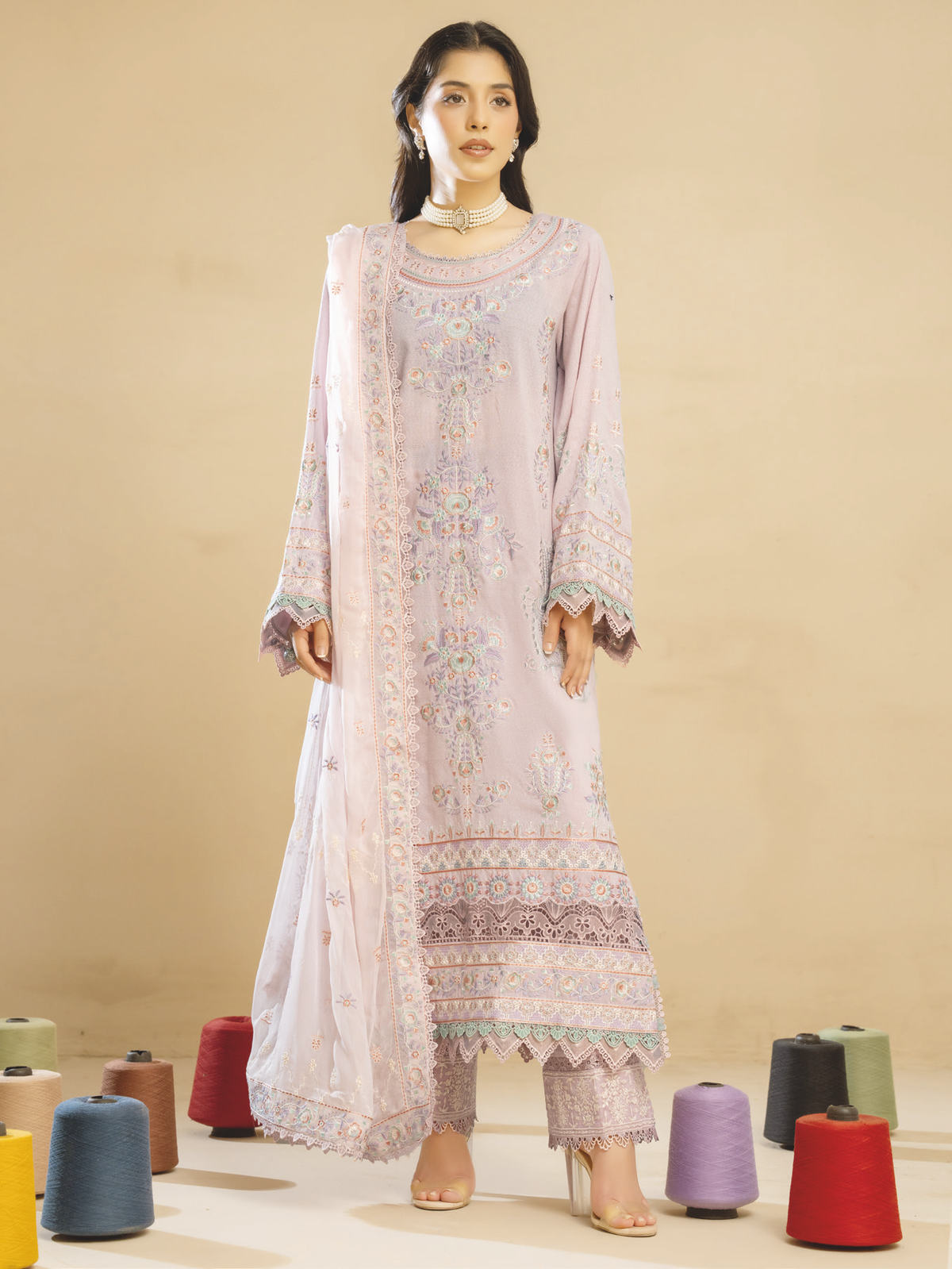 Designer Embroidered Karandi Suit for Women | Resham Embroidery & Bamber Chiffon Dupatta