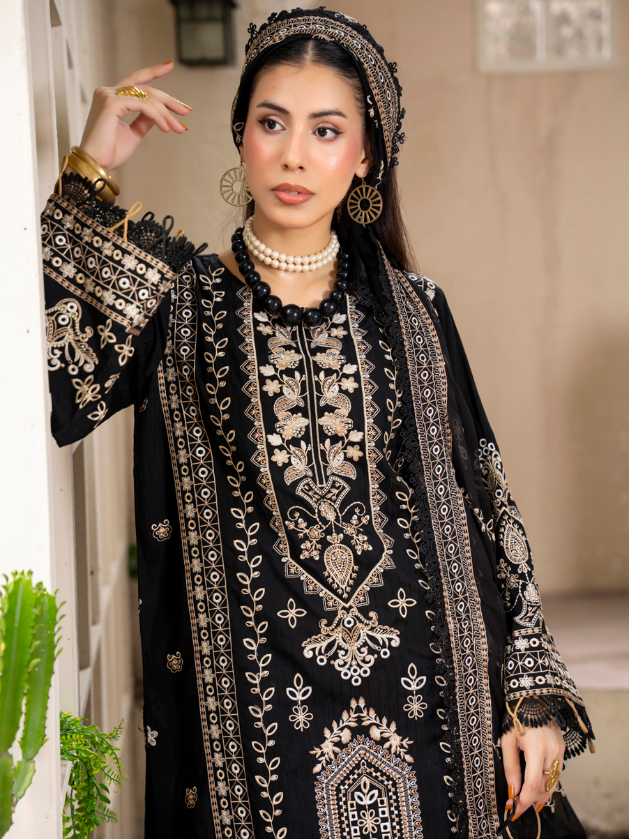 Black Embroidered Silk Viscose 3 Piece Suit with Bamber Chiffon Dupatta
