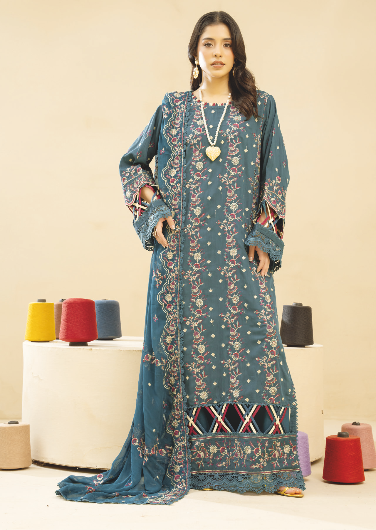 Luxury Embroidered Silk Viscose 3PC | Embroidered Bamber Chiffon Dupatta | Designer Winter Suit