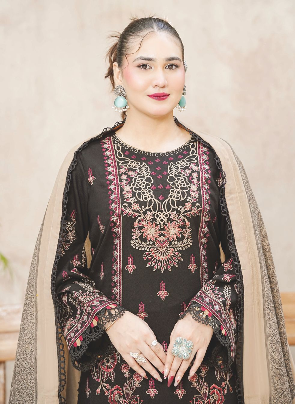 Elegant Embroidered Winter Collection with Jacquard Wool Shawl
