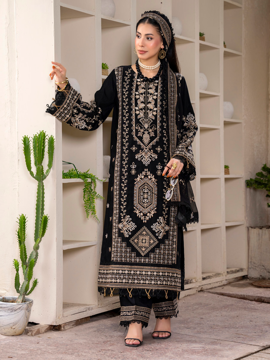 Black Embroidered Silk Viscose 3 Piece Suit with Bamber Chiffon Dupatta