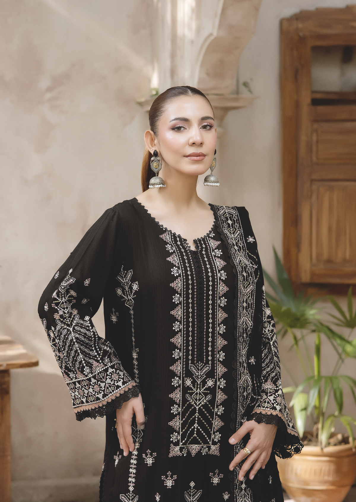 Embroidered Silk Viscose Winter Suit with Embroidered Bamber Chiffon Dupatta