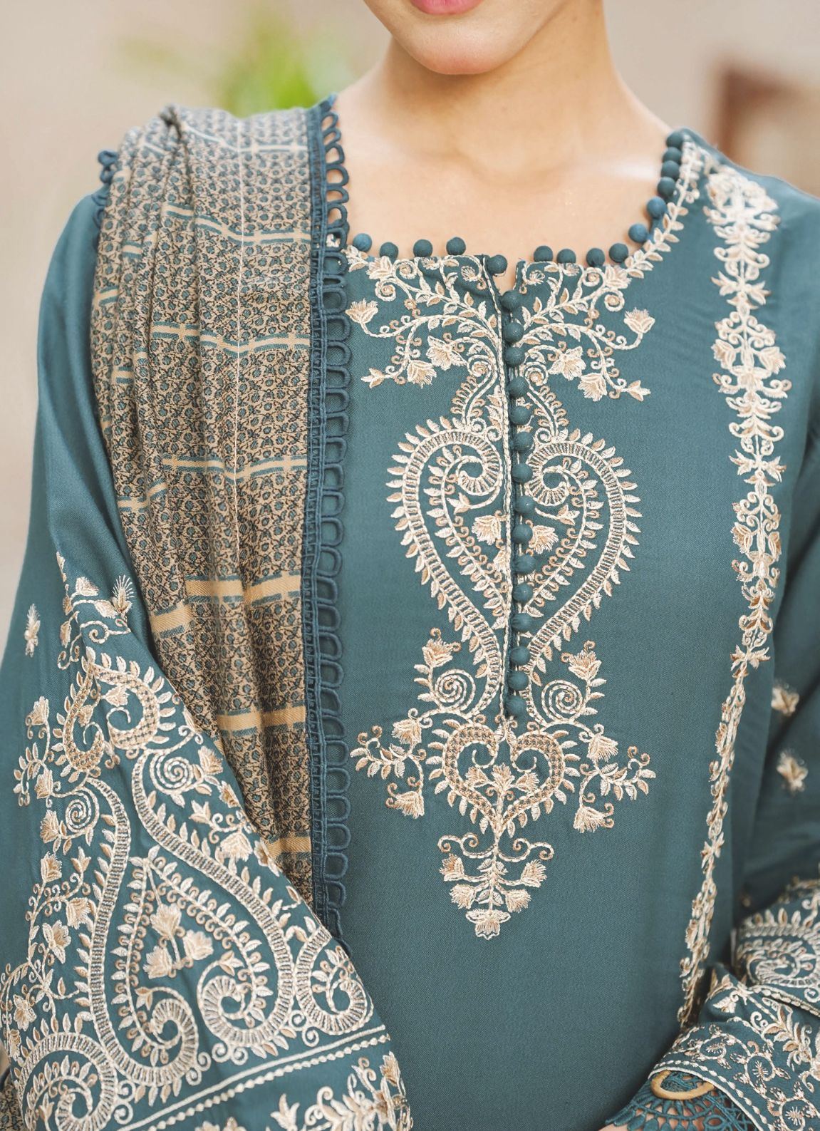 Elegant Embroidered Winter Collection with Jacquard Wool Shawl