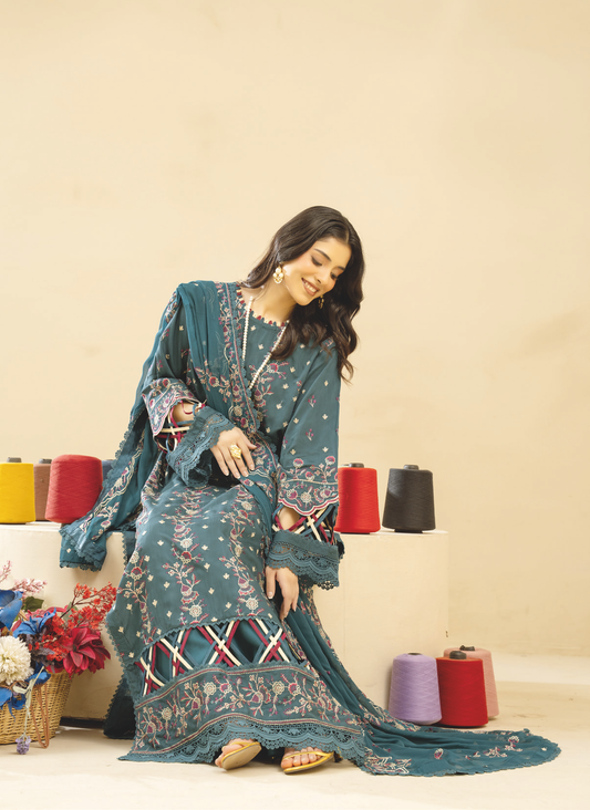 Luxury Embroidered Silk Viscose 3PC | Embroidered Bamber Chiffon Dupatta | Designer Winter Suit