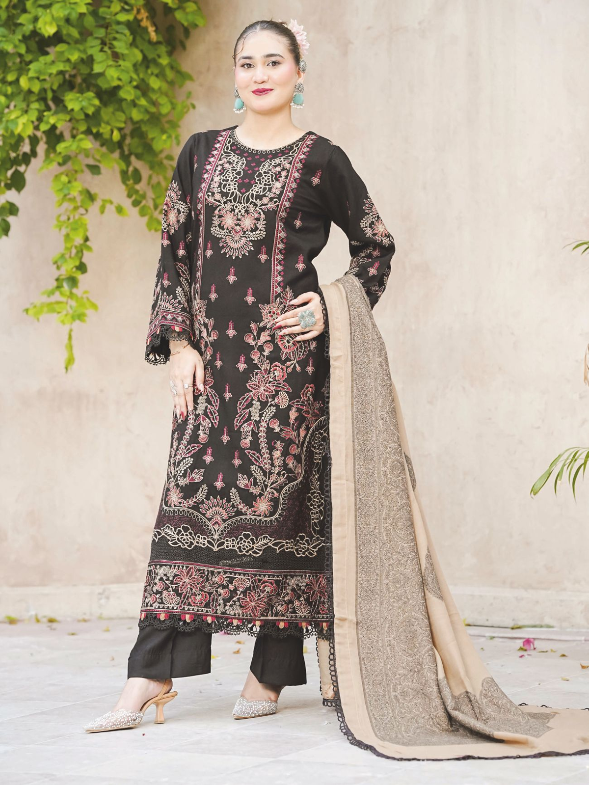 Elegant Embroidered Winter Collection with Jacquard Wool Shawl