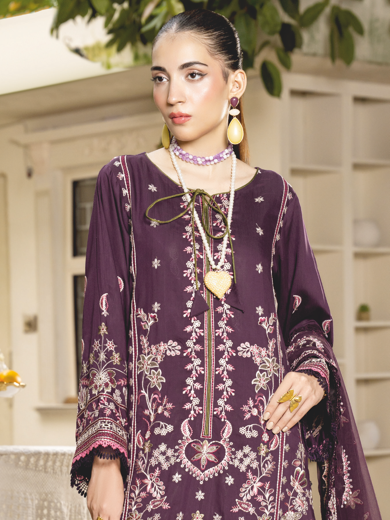 Embroidered Silk Viscose Suit with Embroidered Bamber Chiffon Dupatta