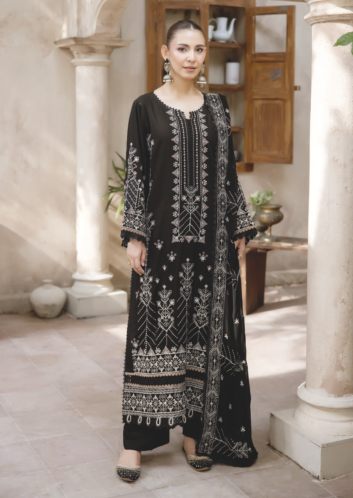 Embroidered Silk Viscose Winter Suit with Embroidered Bamber Chiffon Dupatta