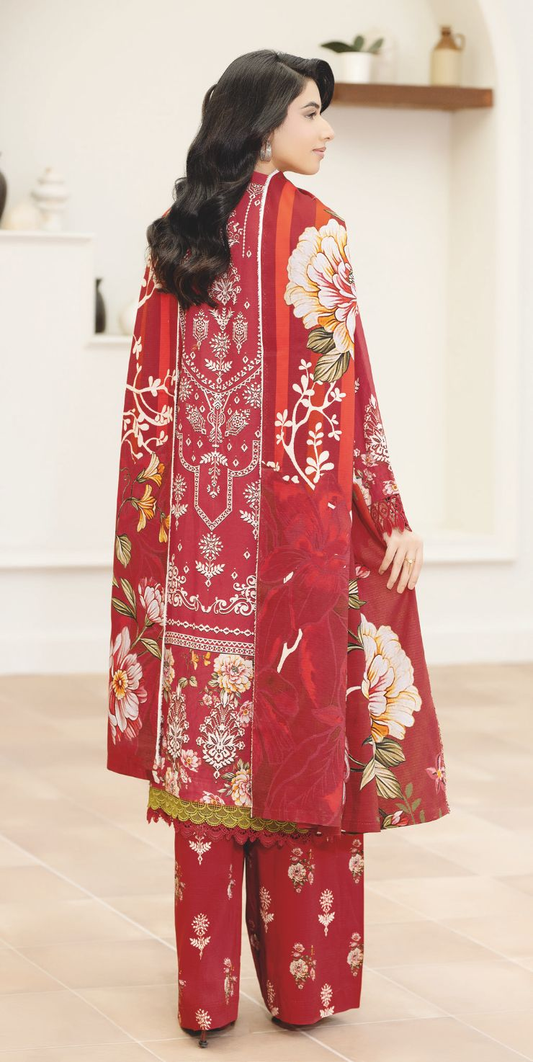 Premium Staple Slub Embroidered 3-Piece Suit with Printed Shawal – Women’s Collection