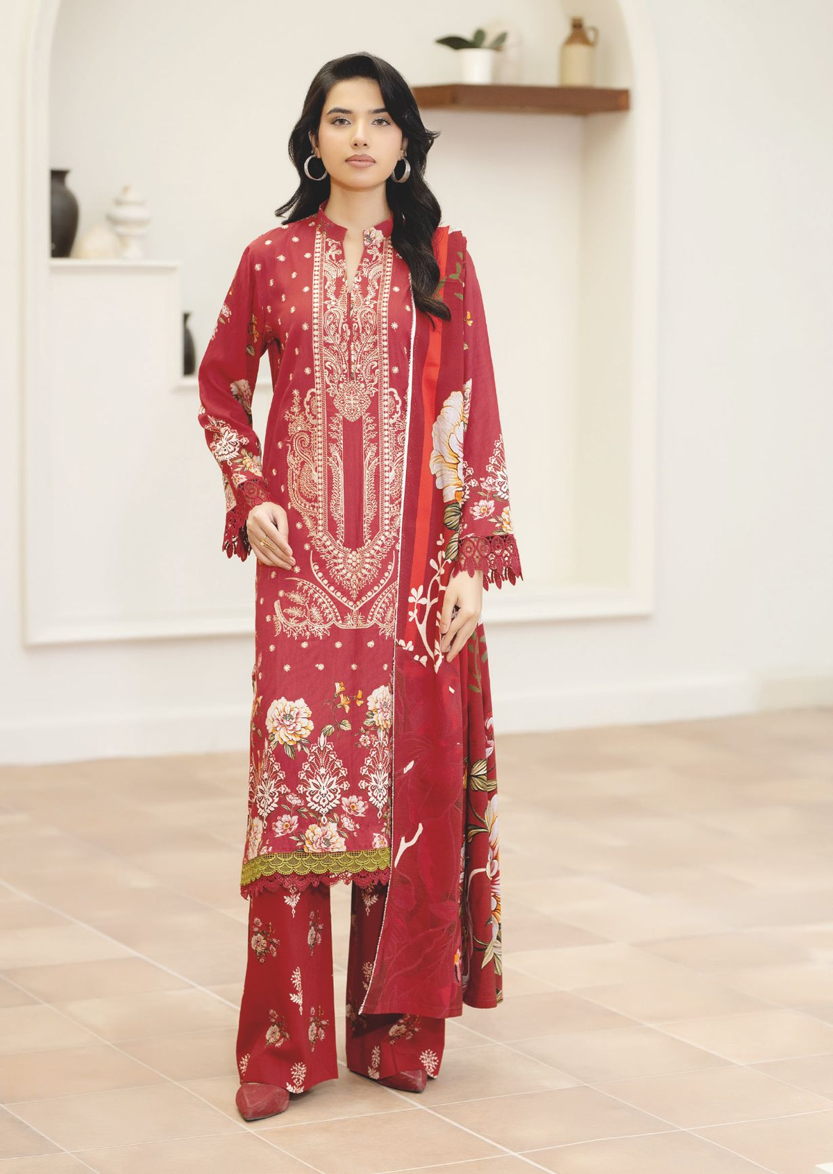 Premium Staple Slub Embroidered 3-Piece Suit with Printed Shawal – Women’s Collection