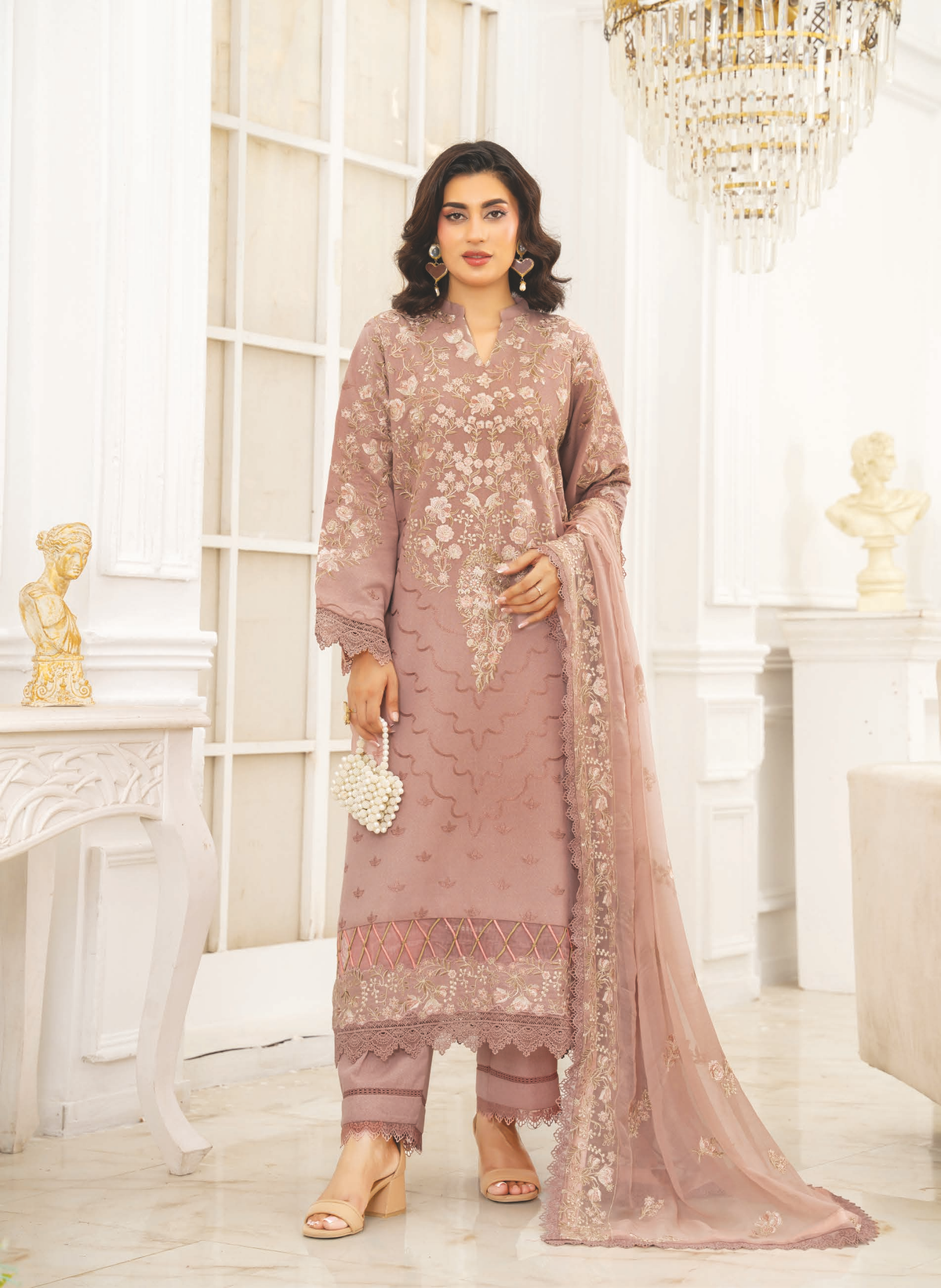 Premium Embroidered Resham Karandi with Bamber Chiffon Dupatta