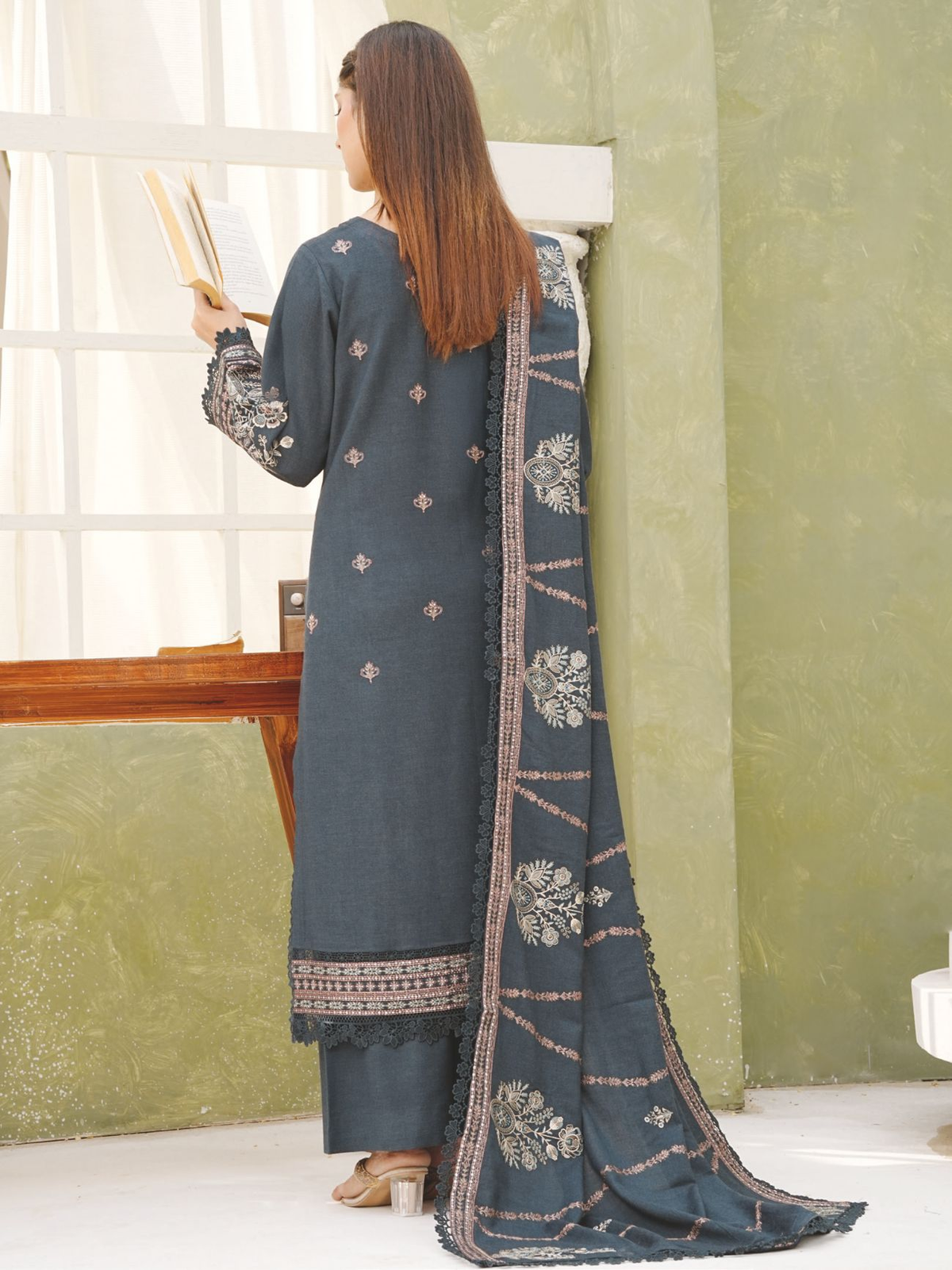 Exclusive Peach Leather Winter Suit with Embroidered Wool Shawl