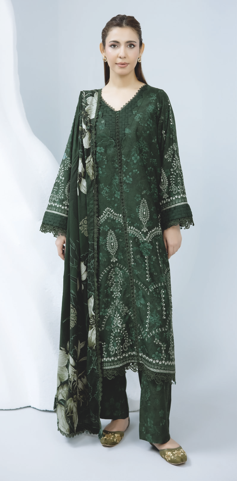 Embroidered Staple Slub Outfit with Elegant Printed Shawl and Trousers
