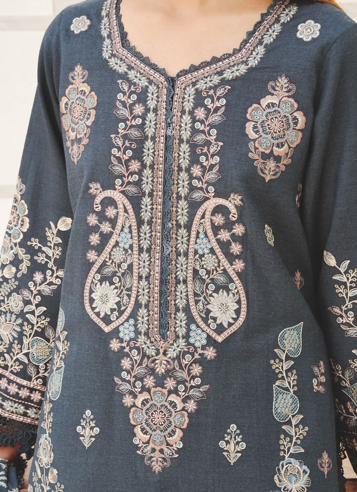 Exclusive Peach Leather Winter Suit with Embroidered Wool Shawl