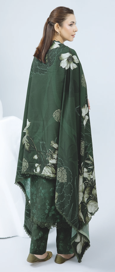 Embroidered Staple Slub Outfit with Elegant Printed Shawl and Trousers