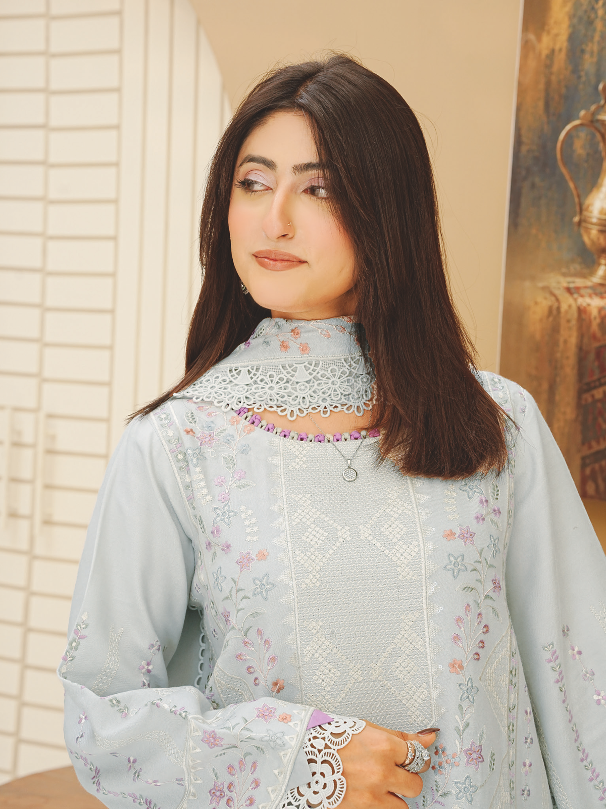 Premium Embroidered Peach Leather 3-Piece Suit with Wool Shawl