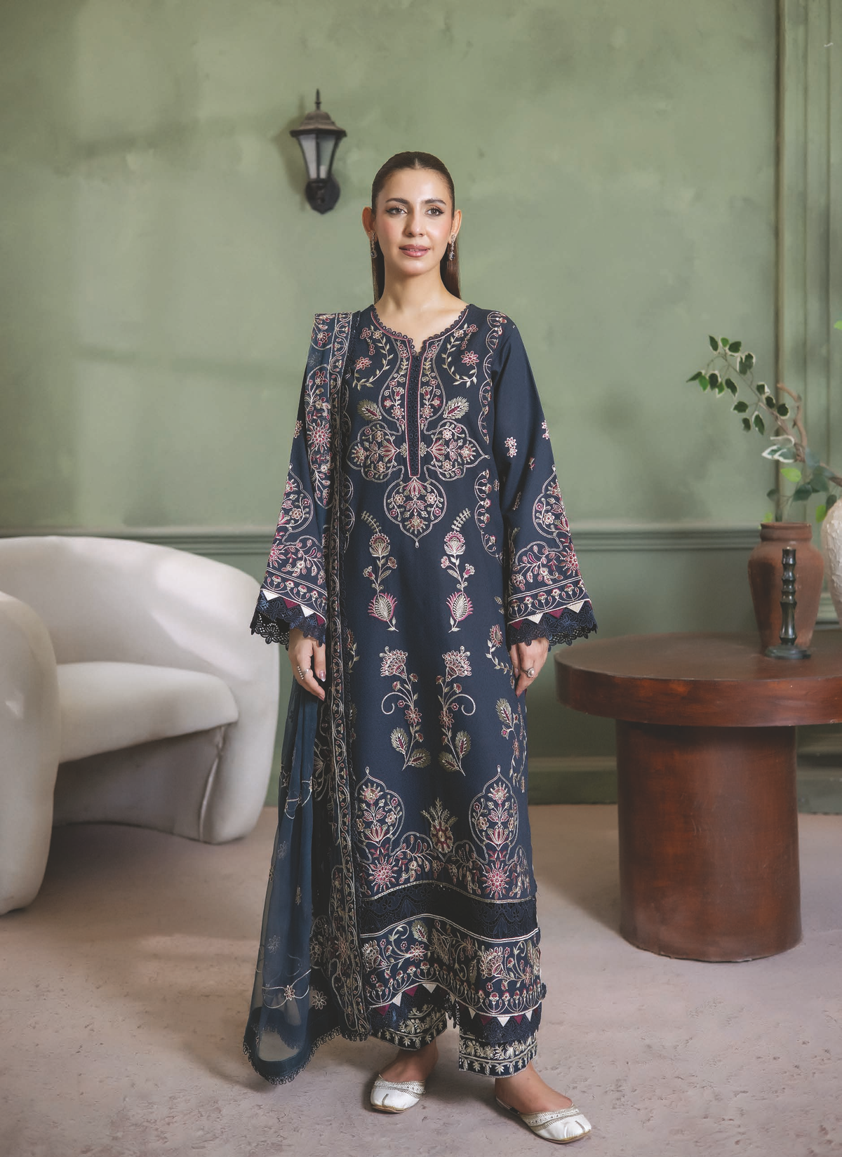 Premium Resham Karandi Suit with Embroidered Bamber Chiffon Dupatta