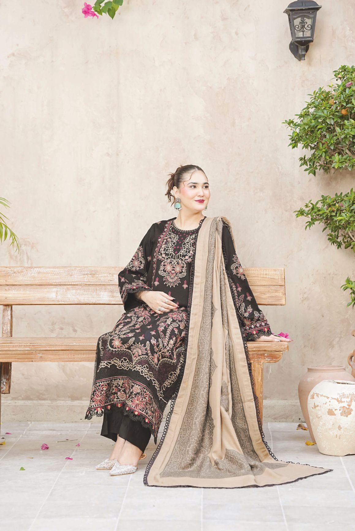 Elegant Embroidered Winter Collection with Jacquard Wool Shawl