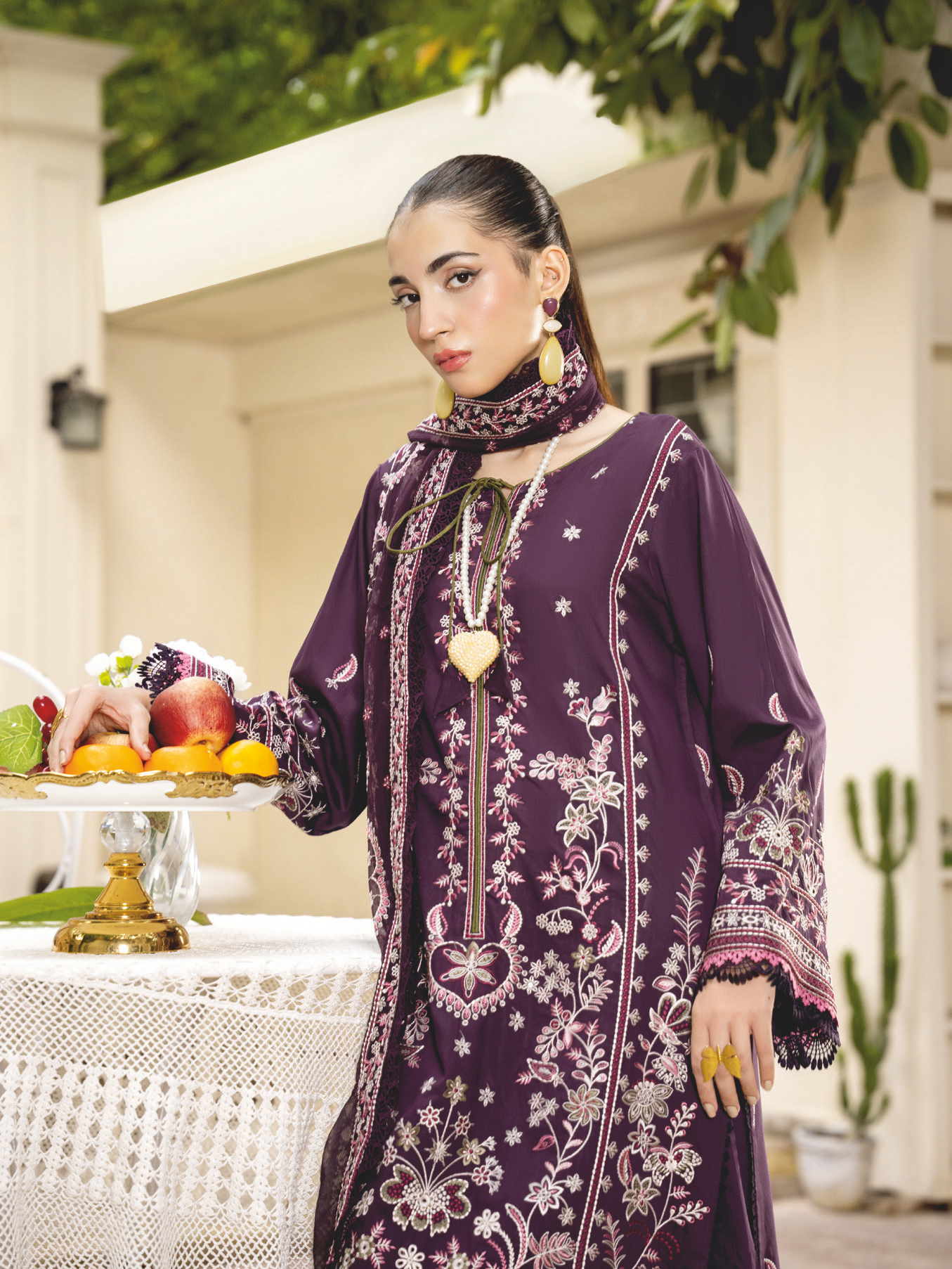 Embroidered Silk Viscose Suit with Embroidered Bamber Chiffon Dupatta