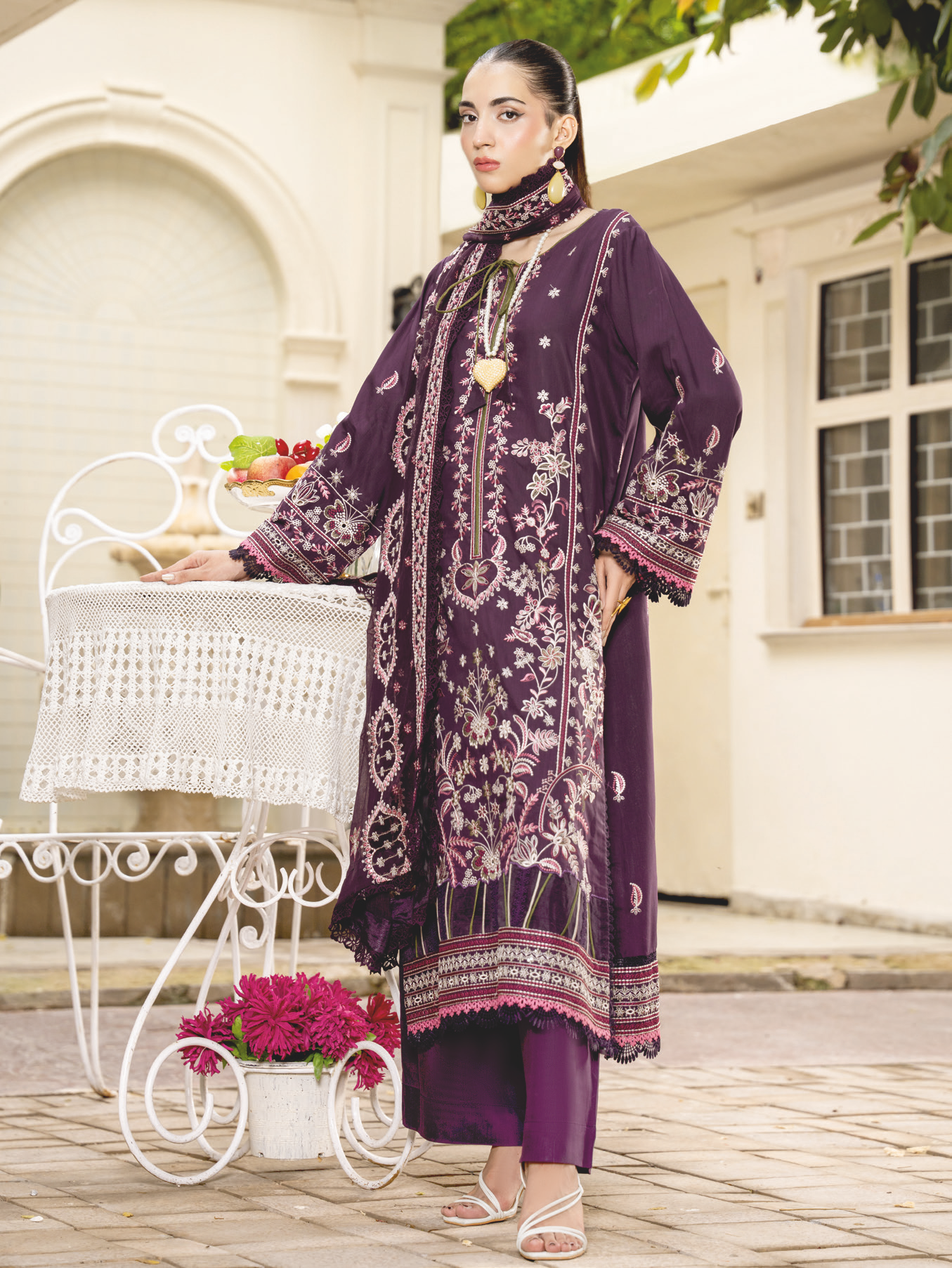 Embroidered Silk Viscose Suit with Embroidered Bamber Chiffon Dupatta