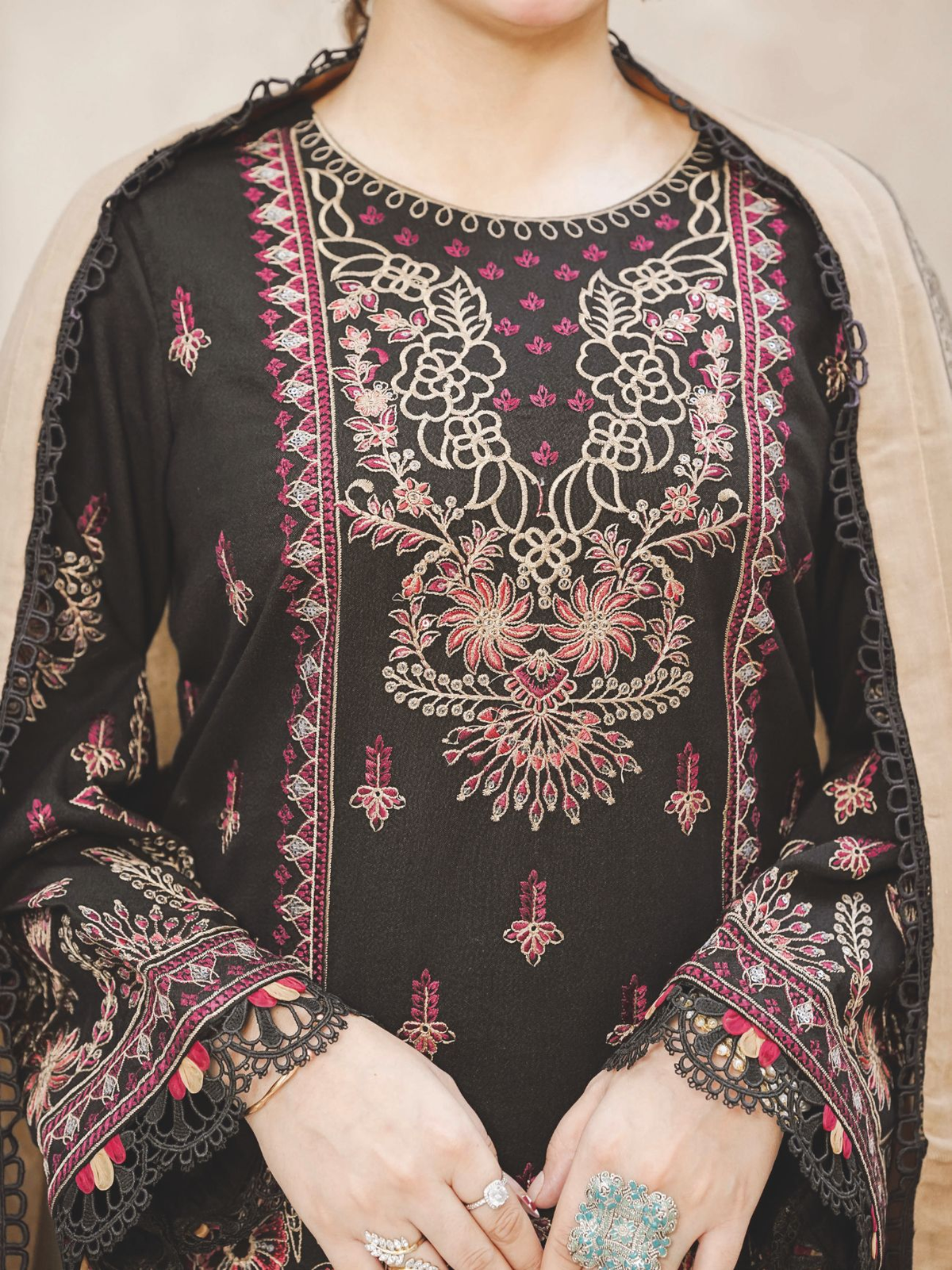 Elegant Embroidered Winter Collection with Jacquard Wool Shawl