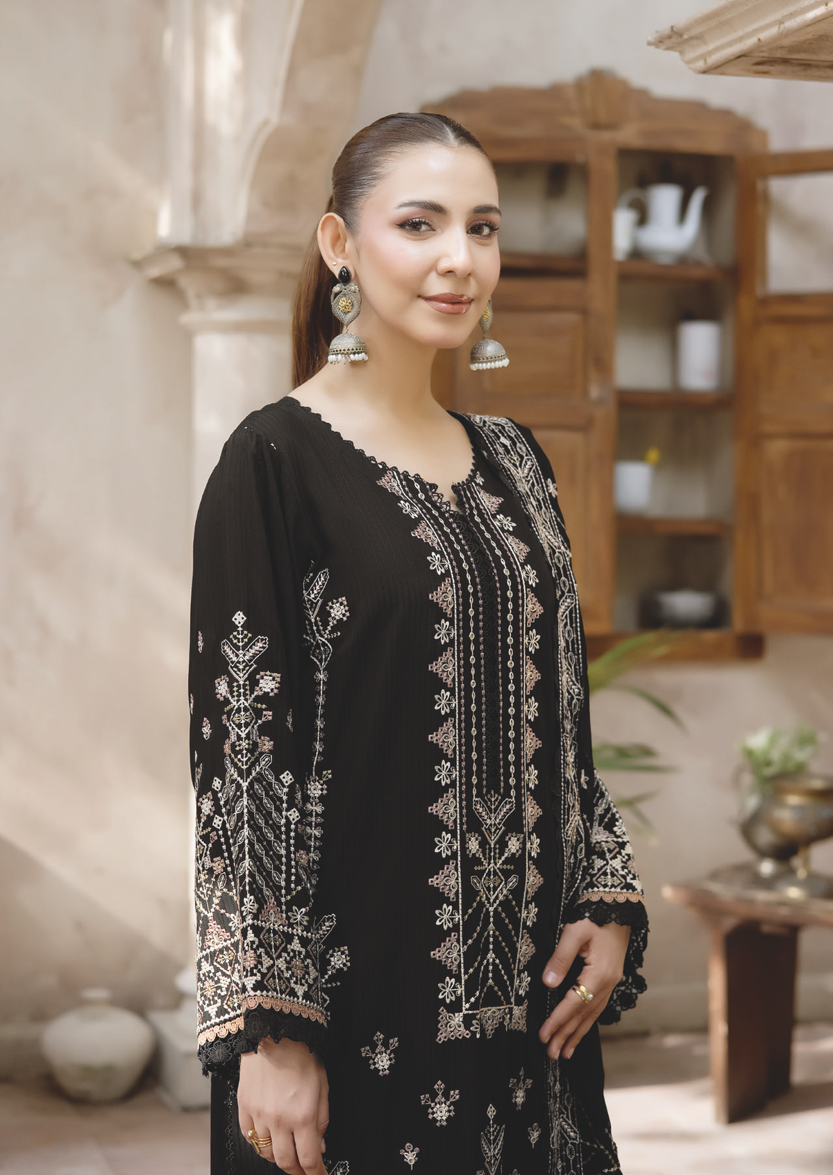 Embroidered Silk Viscose Winter Suit with Embroidered Bamber Chiffon Dupatta