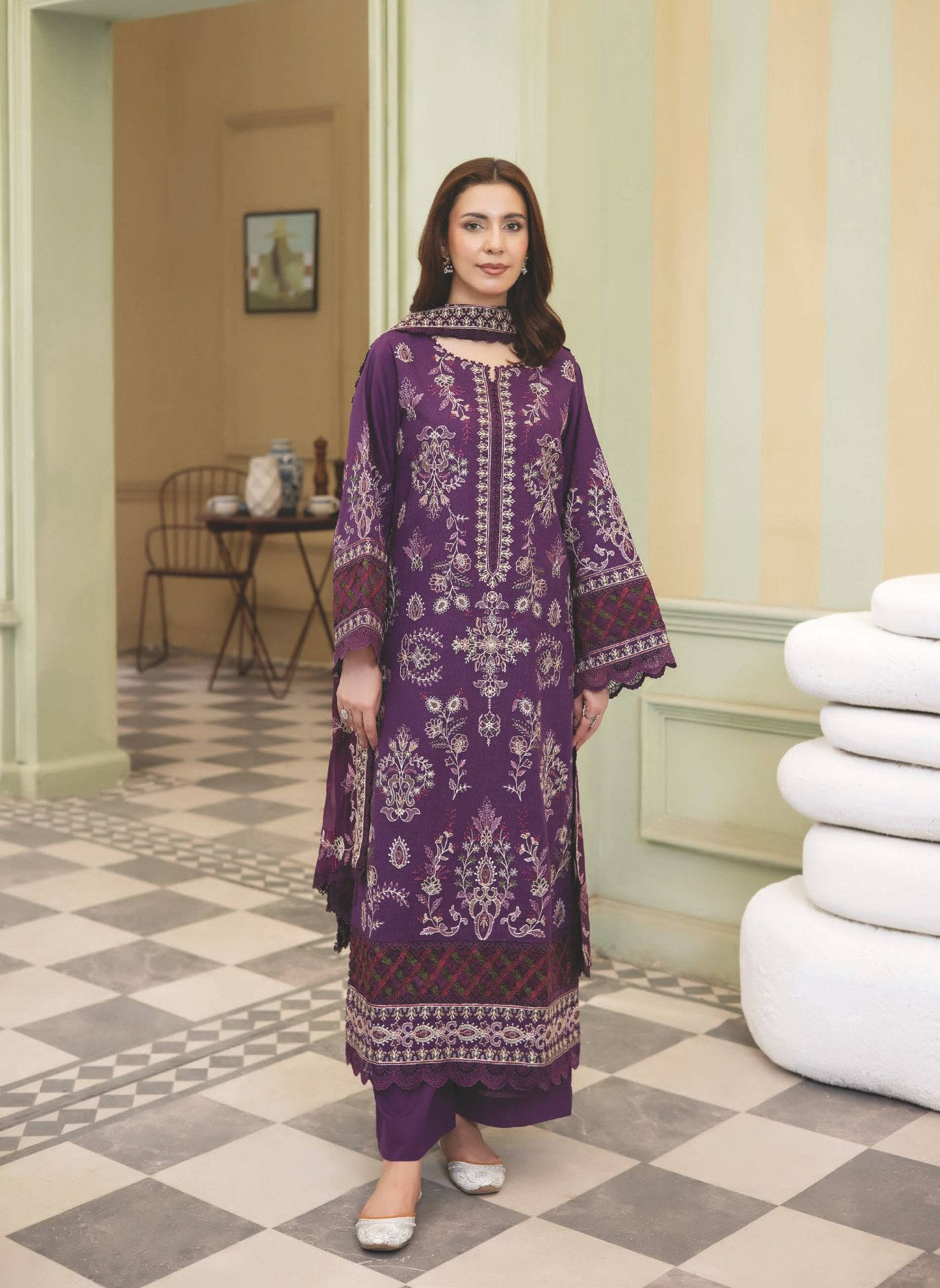 Designer-Inspired Karandi Suit with Embroidered Bamber Chiffon Dupatta