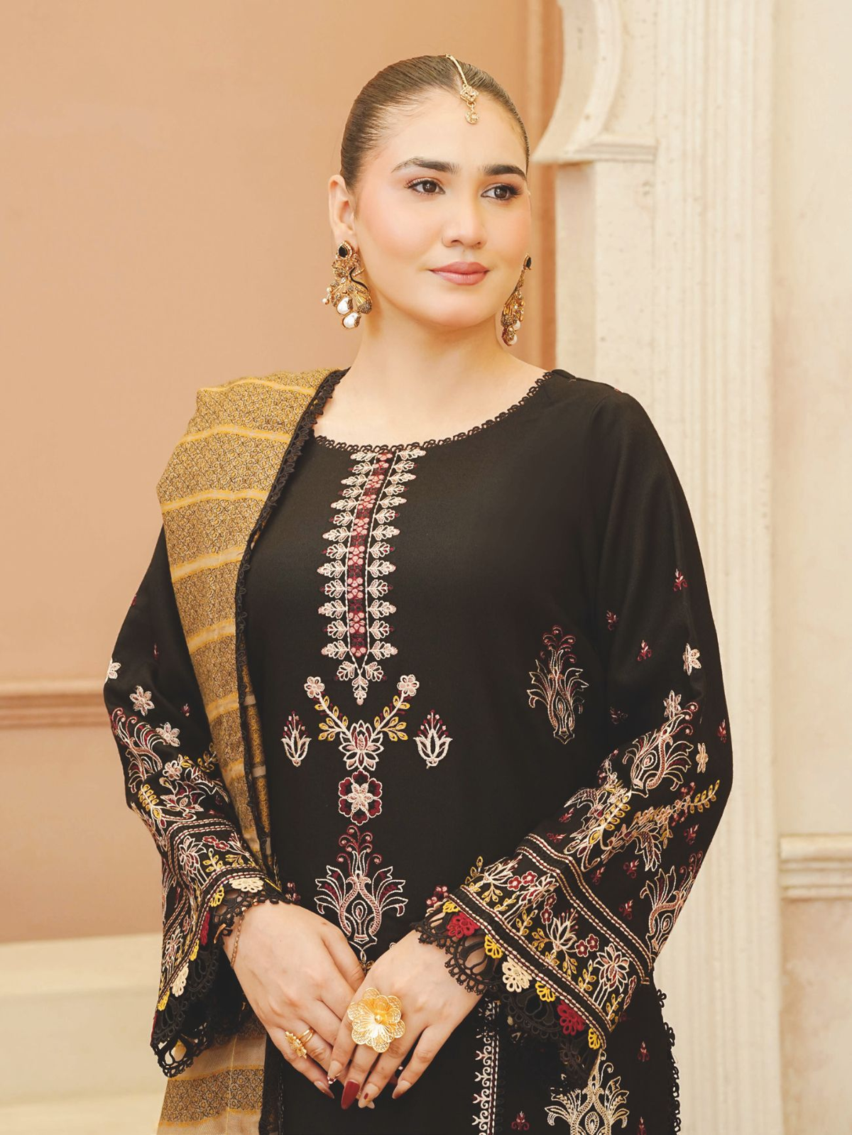 Premium Embroidered Winter Suit with Jacquard Luxury Shawl