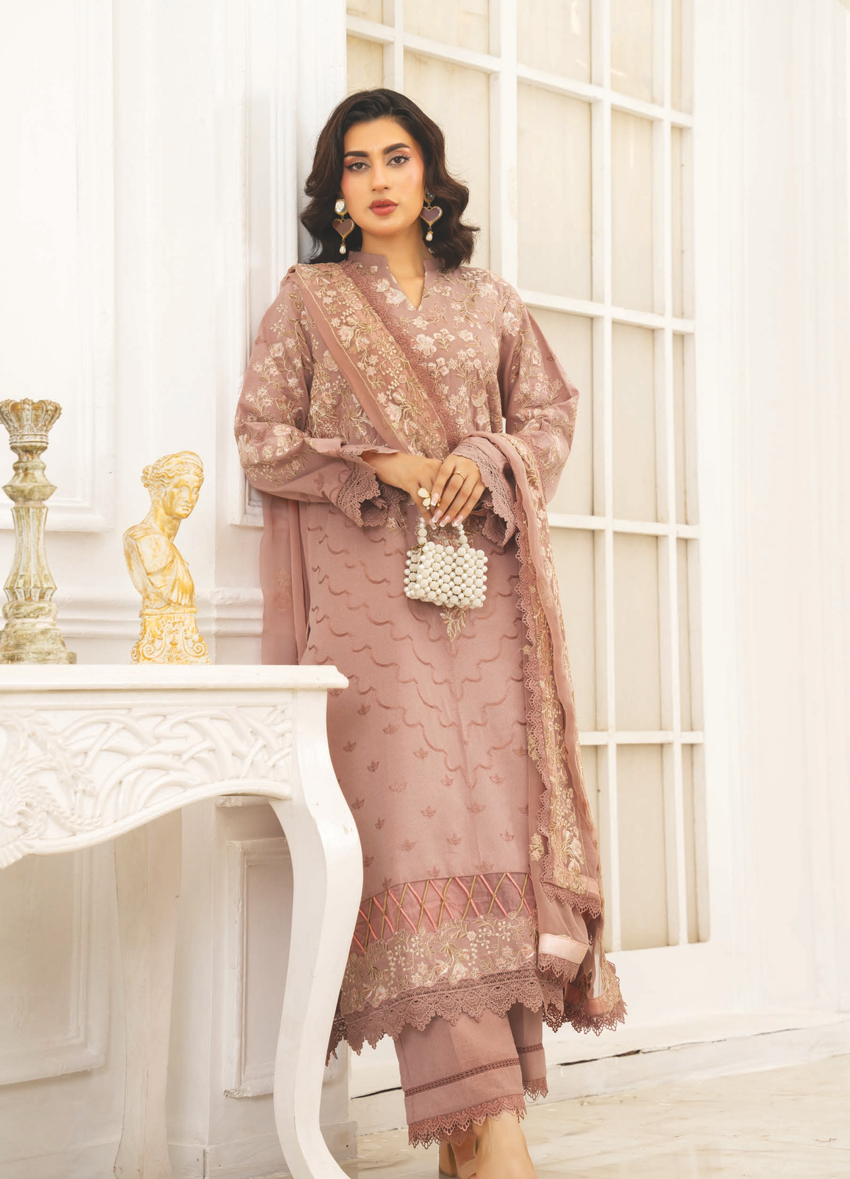 Premium Embroidered Resham Karandi with Bamber Chiffon Dupatta