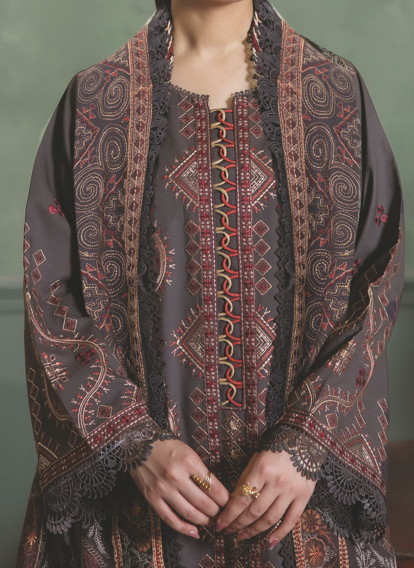 Embroidered Winter Suit with Embroidered Shawl