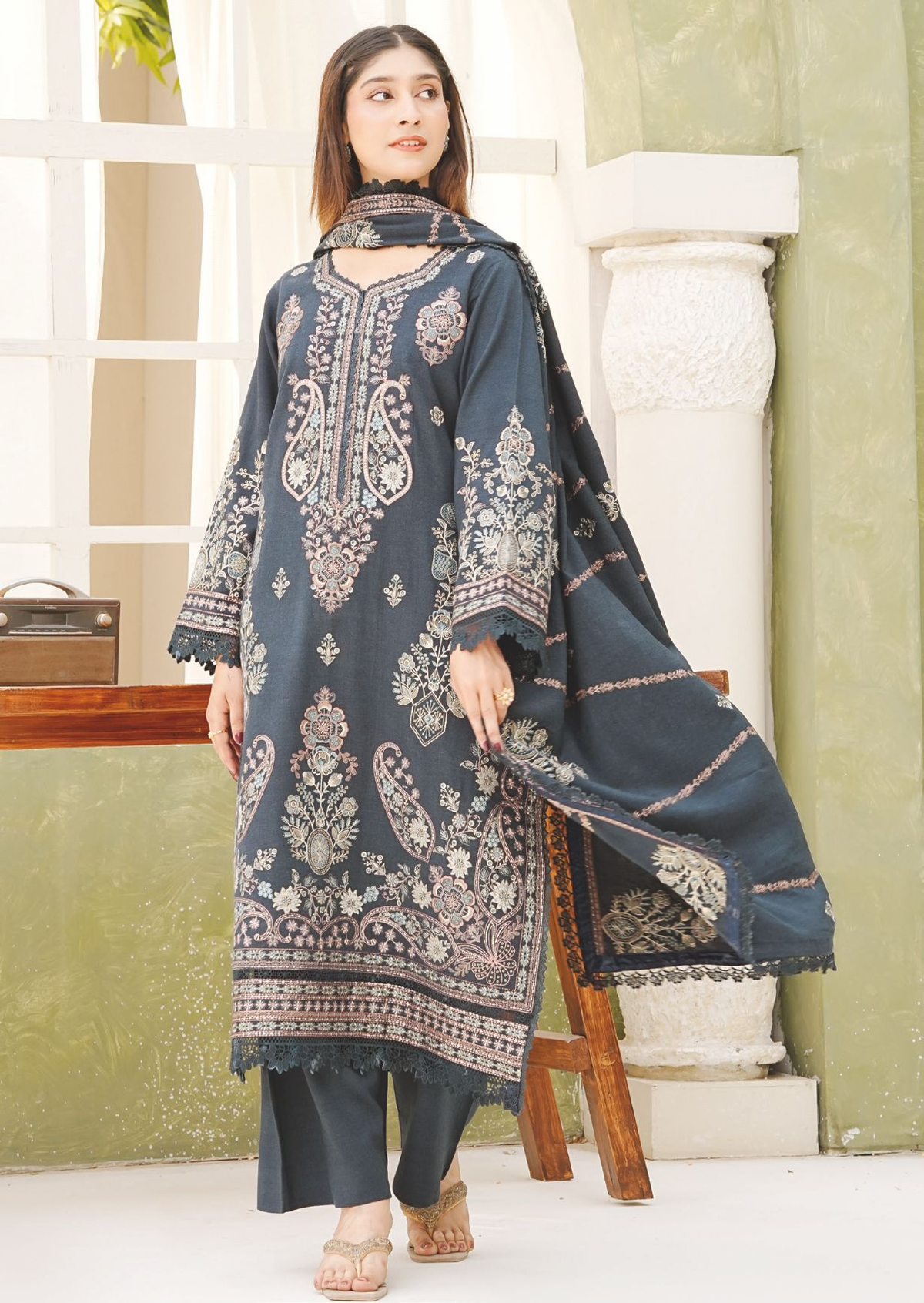 Exclusive Peach Leather Winter Suit with Embroidered Wool Shawl
