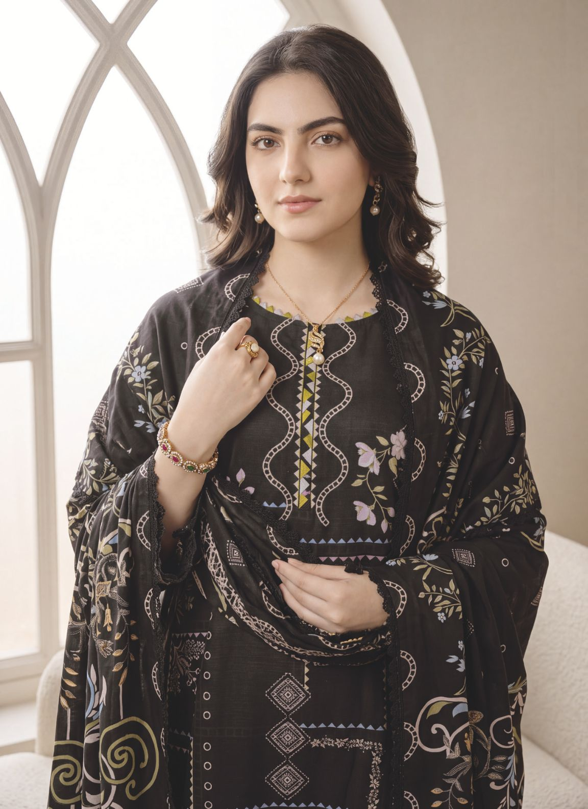 Classy Printed Winter Suit with Elegant Printed Wool Shawl