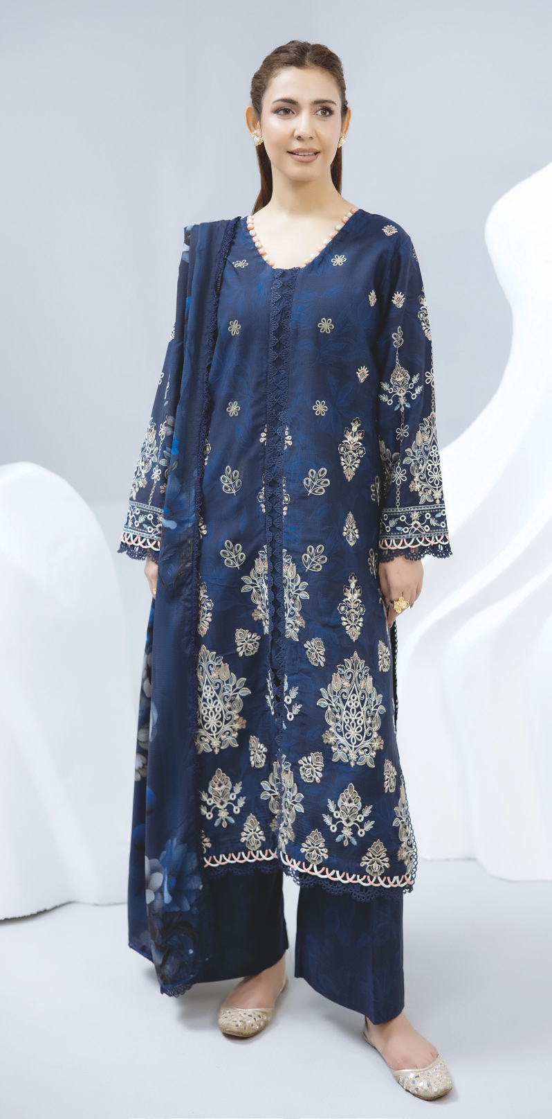 Elegant Embroidered Staple Slub Suit with Printed Shawl & Dyed Trousers