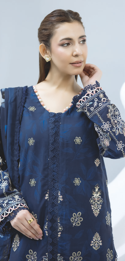 Elegant Embroidered Staple Slub Suit with Printed Shawl & Dyed Trousers