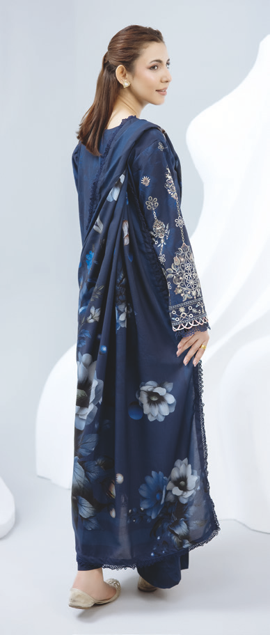 Elegant Embroidered Staple Slub Suit with Printed Shawl & Dyed Trousers