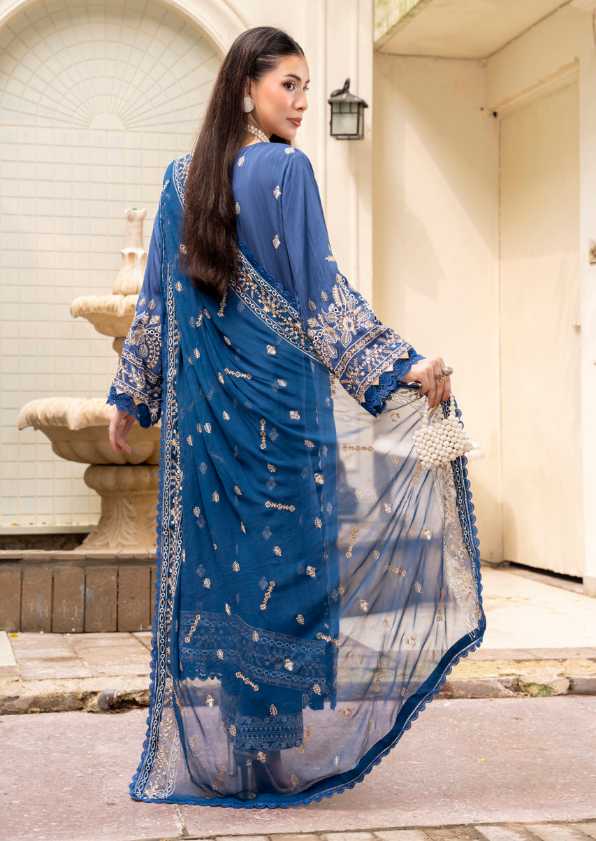 Royal Blue Embroidered Silk Viscose 3 Piece Suit with Bamber Chiffon Dupatta
