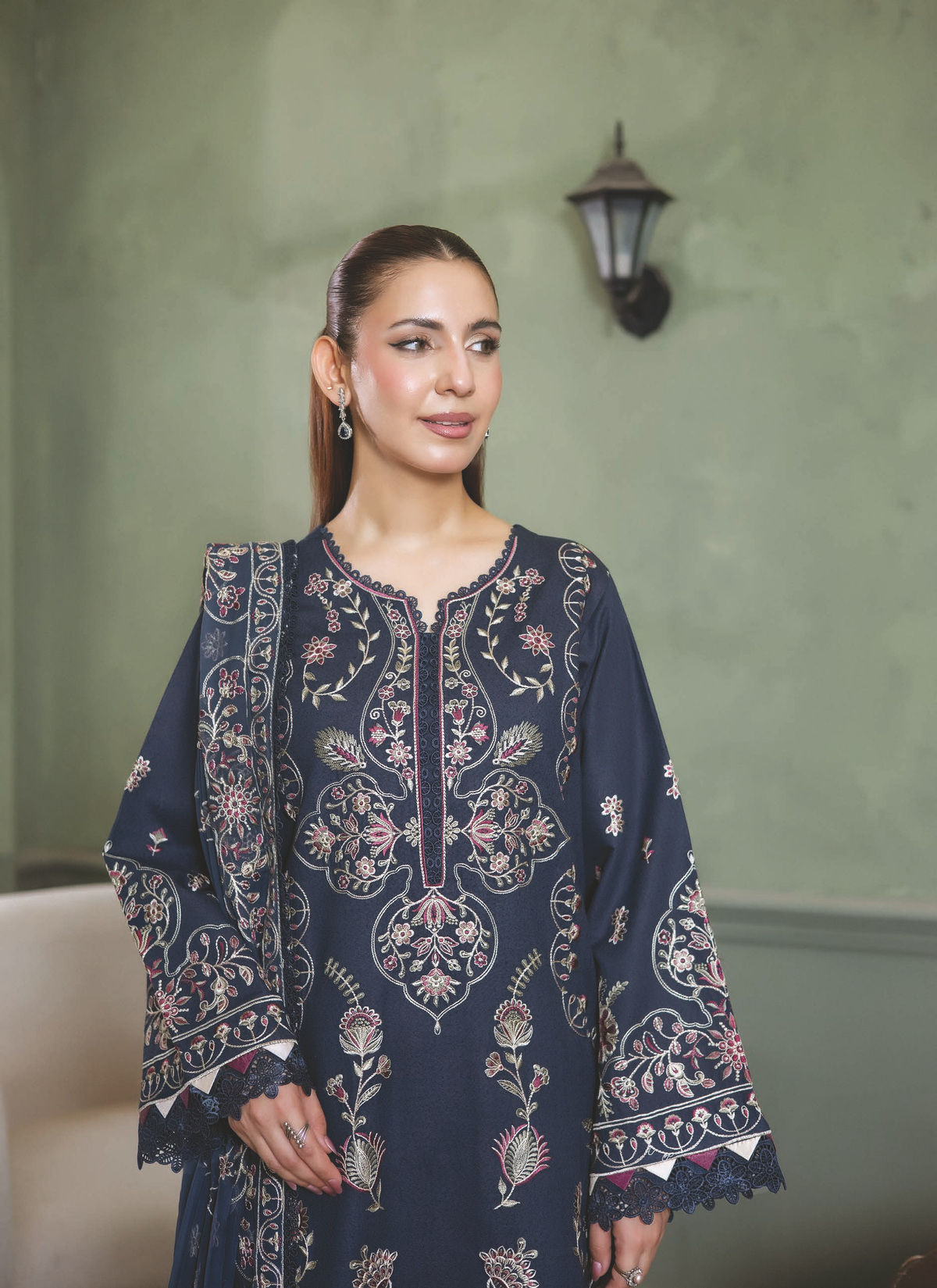 Premium Resham Karandi Suit with Embroidered Bamber Chiffon Dupatta