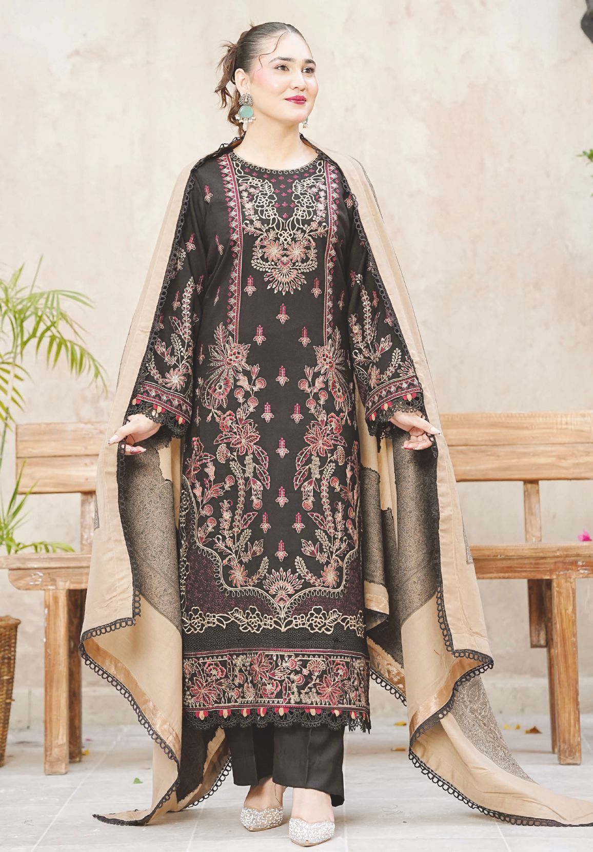 Elegant Embroidered Winter Collection with Jacquard Wool Shawl