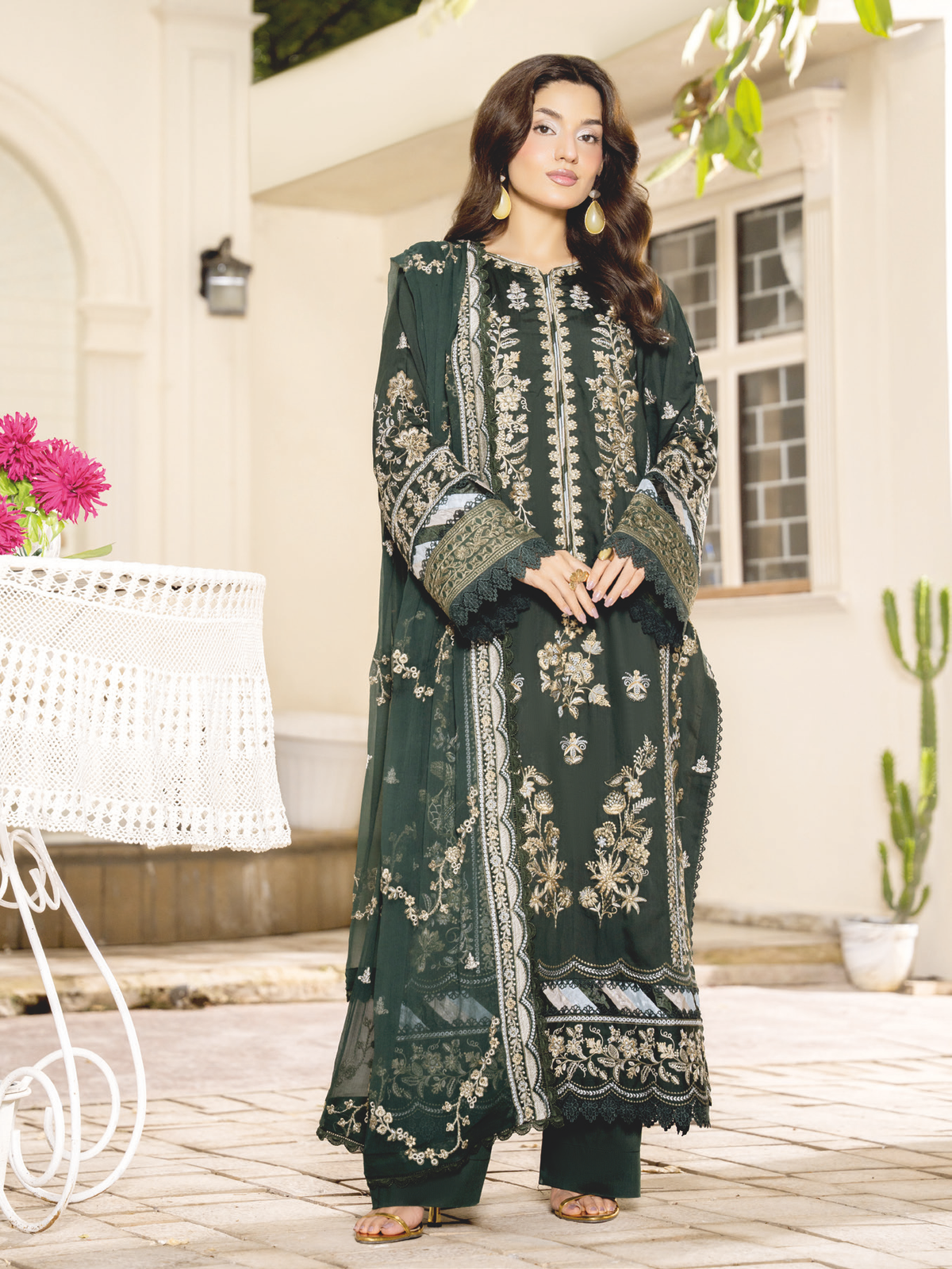 Elegant Embroidered Silk Viscose 3-Piece Suit with Bamber Chiffon Dupatta